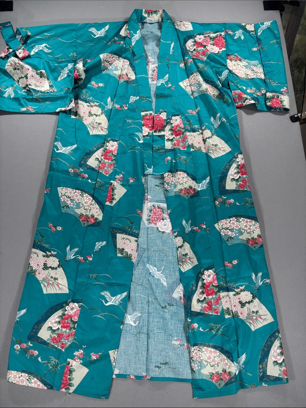 Vintage polished cotton Teal Floral Crane kimono Robe “new old stock”OS